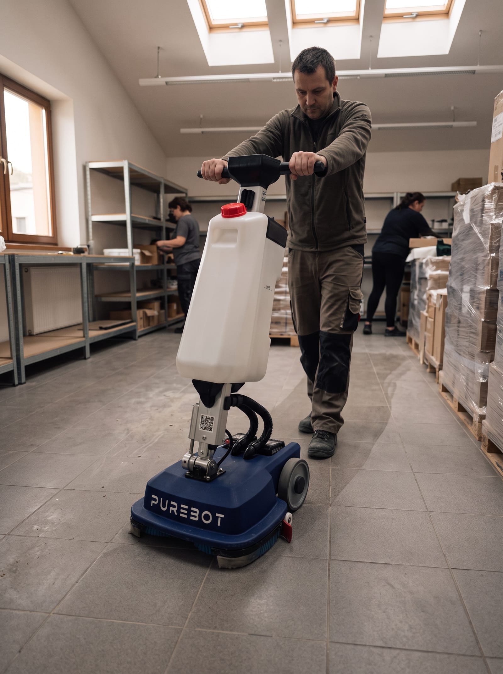 PureBot PB-1 při práci, za ním suchá podlaha