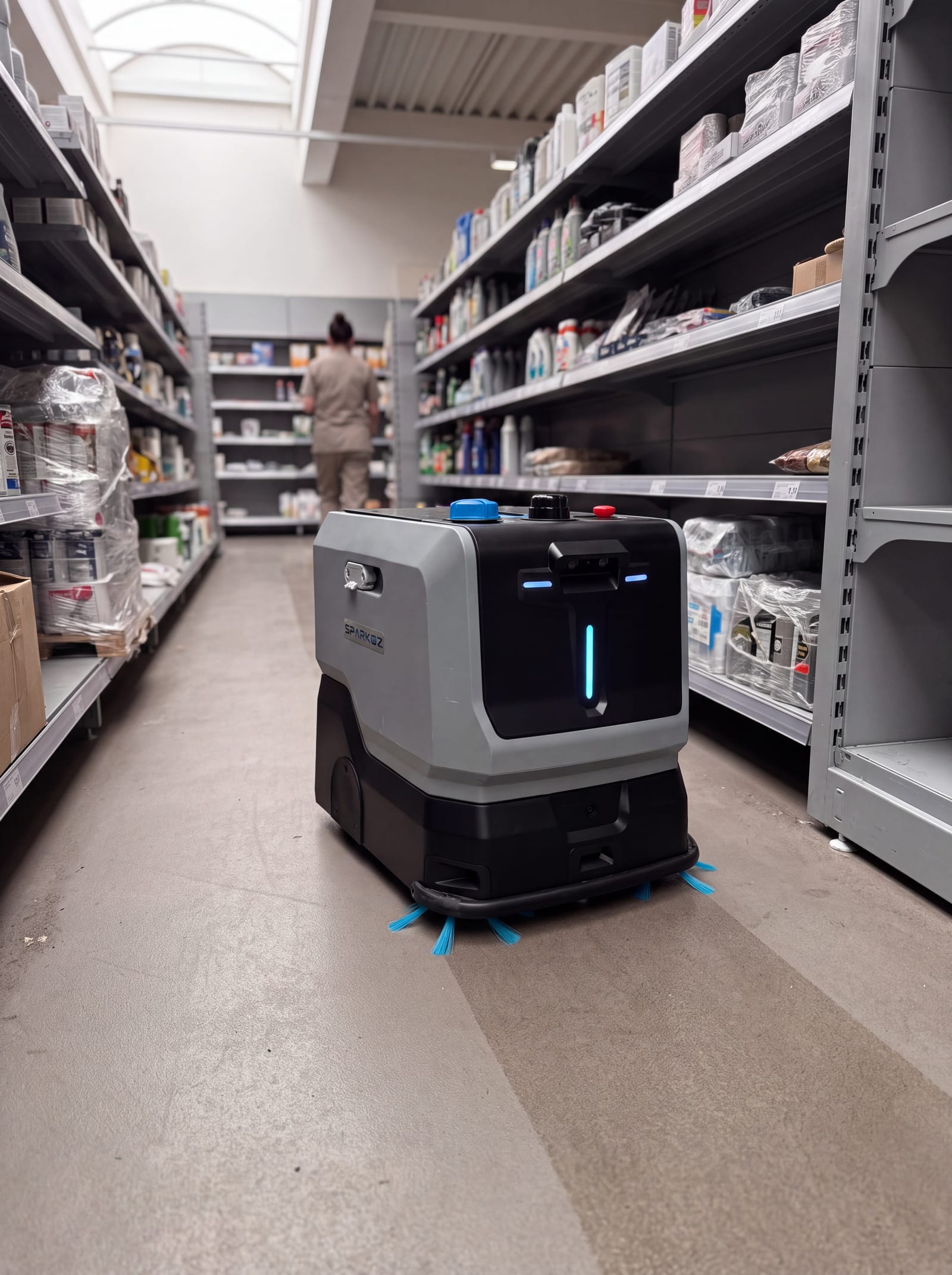 PureBot TN10 při práci, za ním suchá podlaha